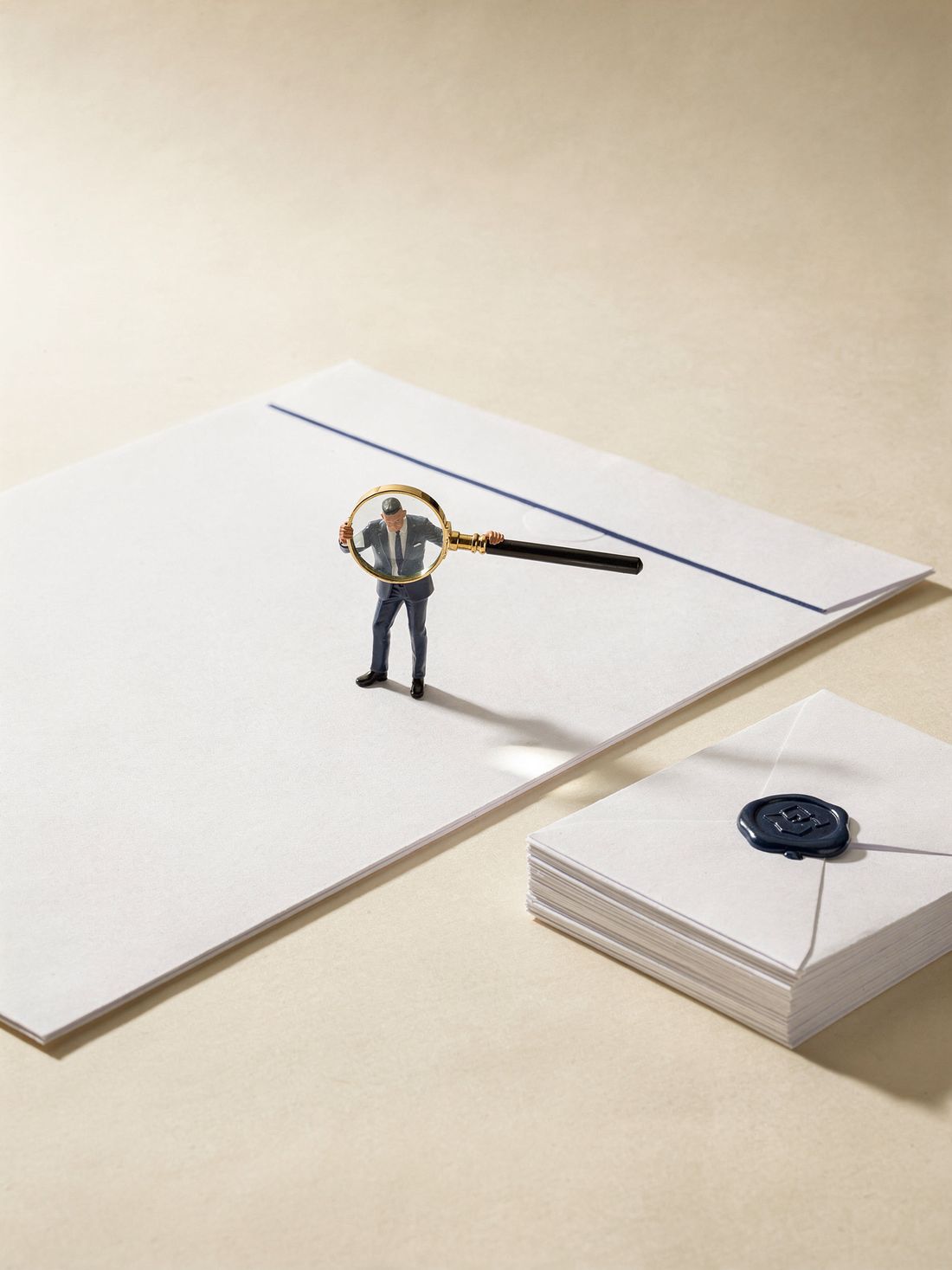 A tiny suited inspector figurine examining a giant pristine statement with a brass magnifying glass, beside a stack of wax sealed envelopes