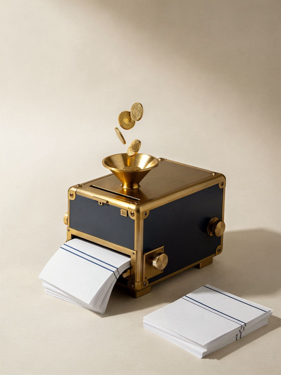 A brass and navy precision machine with gold coins falling into its funnel and pristine statements emerging from its front slot
